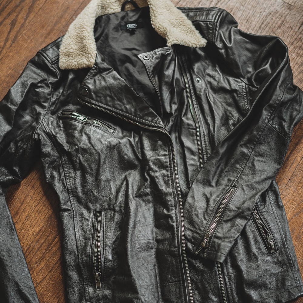 ASOS Leather Sherpa Biker Jacket - Men's M